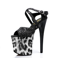 Sandales à talons hauts tendance pour femmes, imprimé léopard, plateforme, bout ouvert, bride à la cheville, chaussures sexy pour pole dance, 20 cm, 8 pouces, boîte de nuit