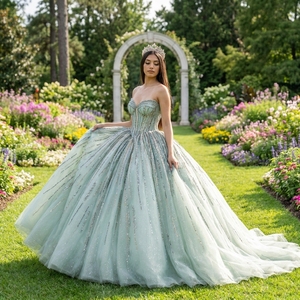 Vestido de Gala Lujoso Dy6960 Verde Menta con Hombros Descubiertos, de Gasa Sólida Vintage y Tul en Capas, para Fiesta de Promoción o Quinceañera - Product Image 1