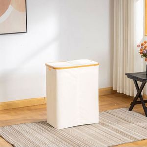Cesto de Ropa Plegable de Bambú con Doble Sección y Tapa para Organización de Lavandería en el Dormitorio - Product Image 3