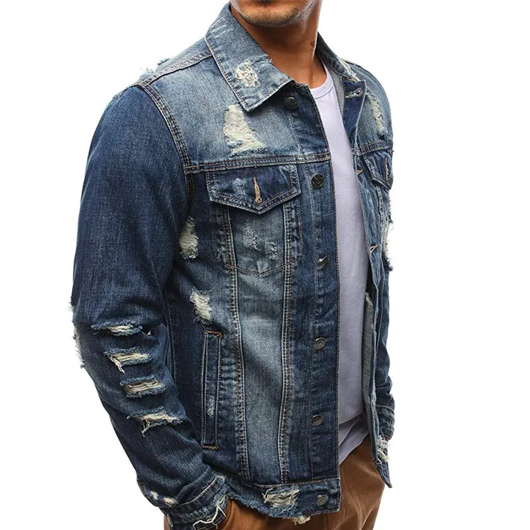 Personalizado Atacado Afligido Bulk Denim Jacket Rasgado Casaco Jean Para Homens