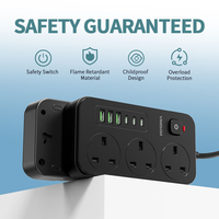 Multiprise industrielle noire standard britannique à 3 prises et 3 ports USB-C avec interrupteurs, pour table, avec prise britannique