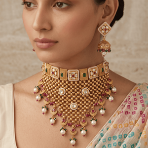 Ensemble collier choker vintage plaqué or Kundan avec boucles d'oreilles Jhumka assorties, perles pendantes, tenue de mariage Rajasthani - Product Image 2