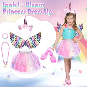 Set Vestito <span class=keywords><strong>Principessa</strong></span> <span class=keywords><strong>Unicorno</strong></span> con Perline e Stampa Floreale, con Tutù, Ali, Scarpe, Gioielli e Fascia per Capelli per Bambine e Bimbe Piccole - Set Regalo per il Gioco - Product Image 2