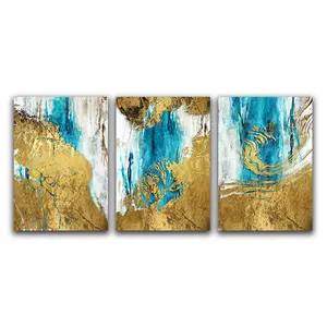 Gold And Blue Abstract Posters and Prints Painting on Canvas Cuadros Pictures on the Wall Art Home Decor 50x70cmx3 Frameless