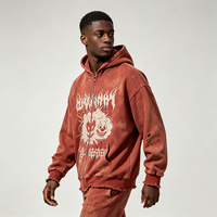 Sweat à capuche zippé rouge rouille vieilli, imprimé Kornit DTG motif Clown Explosion, style streetwear, coupe ample