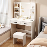 Coiffeuse blanche avec miroir LED, table de maquillage avec tiroirs, étagères de rangement et tabouret pour chambre à coucher