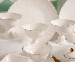 รองรับการปรับแต่ง ชุดอาหารค่ำหรูหราทันสมัย ทนทาน เป็นมิตรกับสิ่งแวดล้อม เคลือบพอร์ซเลนลายนูน ชุบทอง 16/18/24 ชิ้น มีสินค้าในสต็อก - Product Image 5