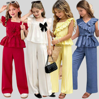 Ensemble deux pièces d'été pour filles, haut style licou à bordure feuillagée et pantalon large, tenue décontractée pour grandes filles, style floral et uni
