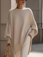 Pull-over ample à col rond et manches longues pour femme, style streetwear automne-hiver 2026, en polyester de couleur unie, inspiré des tendances européennes et américaines.