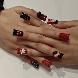 Muhaha – Faux ongles carrés à pression, tendance et de haute qualité, motif <span class=keywords><strong>Mickey</strong></span> rouge, avec clip bec de canard et colle – Matériau PMMA - Product Image 4