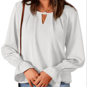 Inventory Backlog Solid Color V Collar Long Sleeve Women's Shirts Office <strong>Ladies</strong> Casual Blouse Tops Shirts for Spring Summer - Product Image 1