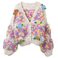 Cardigan floral vintage pour femme, tricoté décontracté et ample, col en V, nouvelle collection printemps, vente en gros