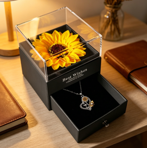 Boîte à bijoux de luxe Tournesol avec couvercle en acrylique et tiroir, pour rangement de colliers, boîte cadeau avec impression 'Meilleurs vœux' pour femme, cadeau de fêtes - Product Image 4