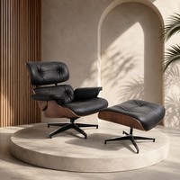 Fauteuil lounge capitonné style Ames avec repose-pieds, coussin en cuir noir pour hôtel, vente en gros, vente au détail, bureau, marché B2B, personnalisable