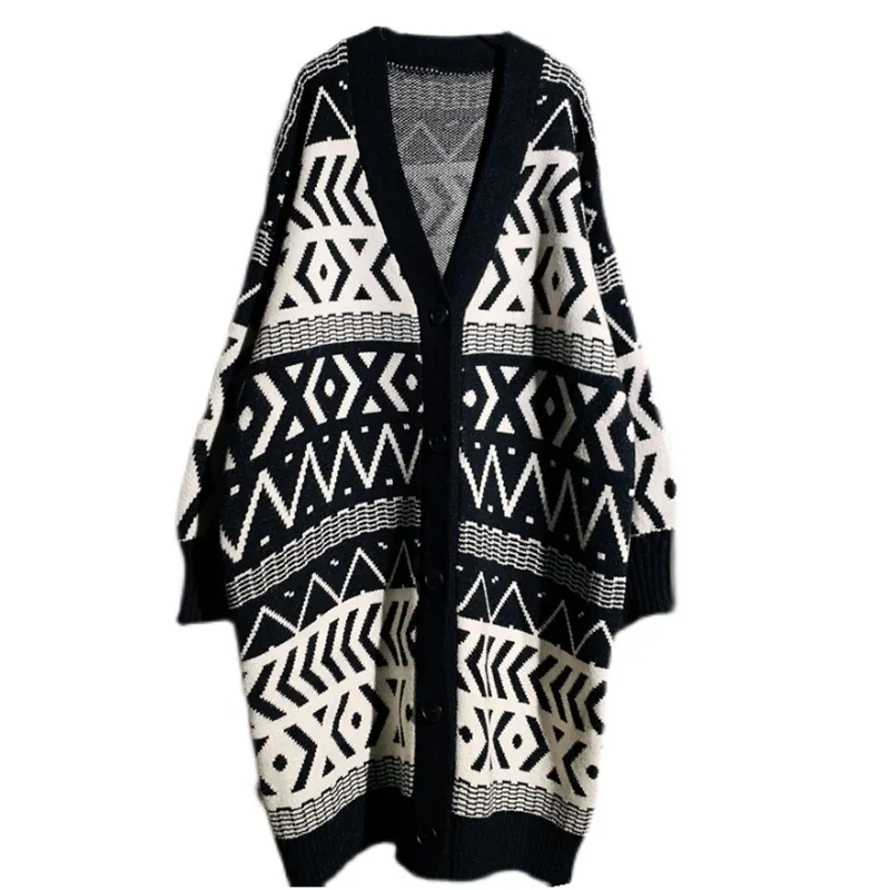 Thick Black geometric loose over the knee v neck Cardigan Women's knit sweater 2022