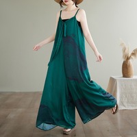 Nouvelle collection été 2026 – Combinaison pantalon large imprimée verte à fines bretelles et noué devant pour femme grande taille – Idéale pour les vacances à la plage et les loisirs – Style rétro