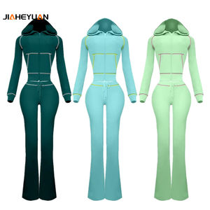 कस्टम महिला लंबी आस्तीन उच्च गुणवत्ता वाले दो टुकड़े ज़िप अप हुडी जैकेट और चौड़े पैर वाली पैंट लाउंज सेट - Product Image 1