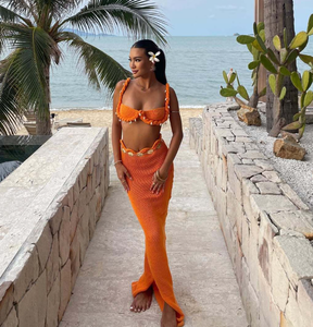 니트 쉘 비키니 탑과 롱 스커트 크로셰 브레이드 비치 커버업 여성 투피스 캐주얼 의상 - Product Image 3