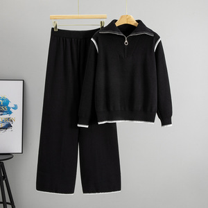 Conjunto de Dos Piezas de Punto para Mujer, Otoño Invierno, Suéter de Cuello Alto con Media Cremallera y Pantalones Anchos - Product Image 3
