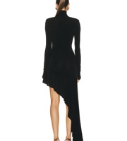 Col haut à manches longues noir irrégulière jupe plissée Sexy mince mode dames Banquet soirée Mini robe de soirée