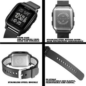 Montre-bracelet numérique de sport de luxe noire pour hommes et femmes, boîtier carré avec fonction lumineuse, accessoire de mode multifonctionnel - Product Image 3