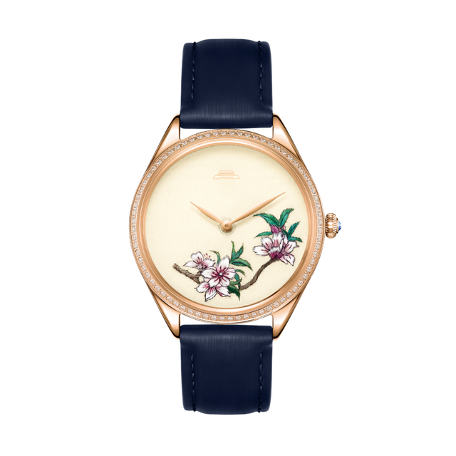 Beijing Suzhou Embroidery Peach Blossom Watch 38mm Lady Leather Quartz Wristwatch Stainless Steel Woman Fashion Watch Elegant