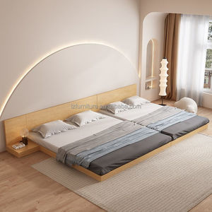 Minimalist Twin <b>Platform</b> <b>Bed</b> Set Low Profile Wooden Tatami Hotel <b>Bed</b> <b>Frame</b> with Headboard and Nightstand For 3 Star Hotel - Product Image 4