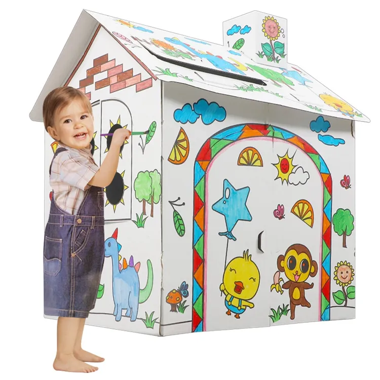 Papier haus Kinder Pappe Malerei Färbung DIY Doddle Spielzeug Färbung Indoor Outdoor Karton Spielhaus für Kleinkind