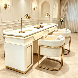 Ensemble de table à ongles avec plateau en marbre, double poste de manucure avec éclairage LED, poste de travail moderne pour salon de beauté avec chaises à ongles assorties - Product Image 3