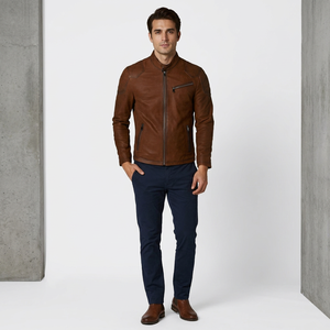 Chaqueta de Cuero Marrón Estilo Motero para Hombre, Cuello Alto, Puños Abiertos, Personalizable, Estilo Vintage, Transpirable - Product Image 1