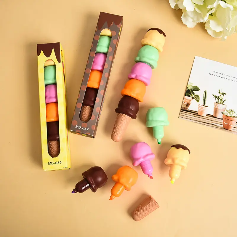 Çocuk özel kawaii dondurma şekli tasarım mini çok 4 in 1 renkli vurgulayıcı kalem kalemler vurgulama promosyon