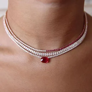 Pesona Musim Panas Kalung Choker Berlapis Emas dengan Pelangi Putih Rantai Tenis Cz dengan Hijau Biru Hitam Merah Kecil Link Kalung Perhiasan