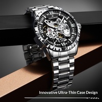 Montre mécanique squelette entièrement automatique 46 mm pour homme, bracelet en acier inoxydable, style luxe léger, étanche et lumineuse