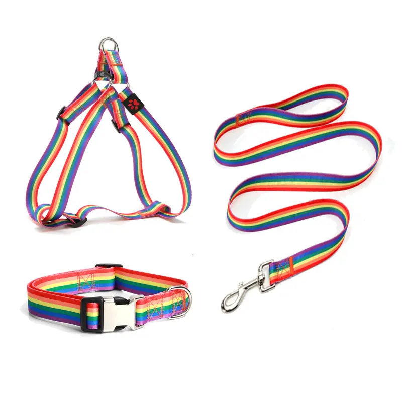 Großhandel individueller Haustier-Hunde-Satz Regenbogen-Pride Monat Luxus mittleres kleines Haustier-Hundehalsband und -Leine und Geschirr-Set