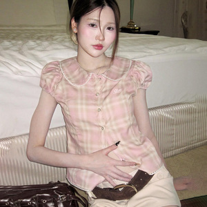 <span class=keywords><strong>Camicia</strong></span> dolce con maniche a sbuffo a quadri, top <span class=keywords><strong>slim</strong></span> <span class=keywords><strong>fit</strong></span> a maniche corte con colletto per abbigliamento estivo da <span class=keywords><strong>donna</strong></span> - Product Image 3