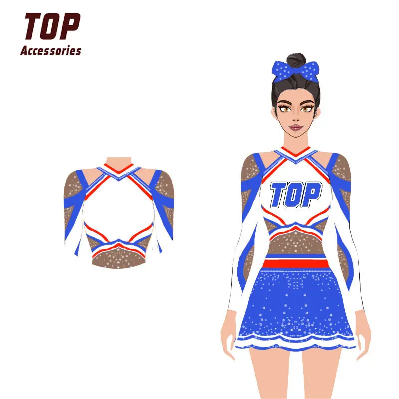 Custom Sublimação Spandex Sparkle Sexy Rhinestone Chinês Cheerleading Uniformes Fábrica