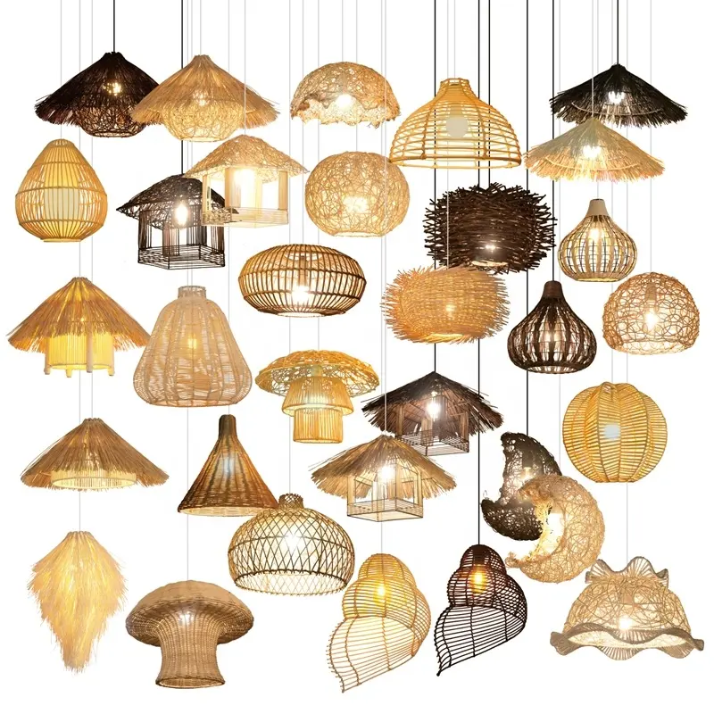 HITECDAD Vintage Bamboo Woven pendant Light handmade natural bamboo hanging lights mass ready stock decor dining chandeliers