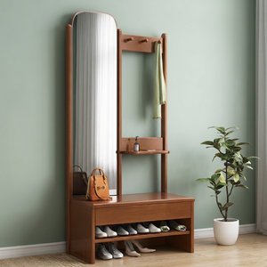 Modern Solid Wood <b>Coat</b> Rack <b>with</b> Mirror <b>Hooks</b> and <b>Shelves</b> Freestanding Entryway Storage Bench for Living Room Furniture - Product Image 3