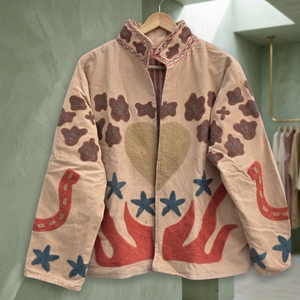 Hand Embroidered Corduroy <b>Jacket</b> With Floral And Star Pattern <b>Mandarin</b> <b>Collar</b> Full Sleeve Autumn Women's Prairie Chic Style - Product Image 3