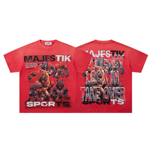 Camiseta para Hombre Majestik New High Street, 100% Algodón, Estilo <span class=keywords><strong>Vintage</strong></span> Lavado, con Pedrería, Estampado Digital Rojo, Diseño de Diseñador, Venta al Por Mayor - Product Image 1