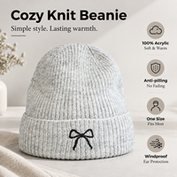 Casquette en tricot doux pour femme, style coréen, avec broderie nœud et revers, 100% acrylique, chaude et confortable, pour l'automne et l'hiver, idéale pour le quotidien, les trajets en ville et le shopping