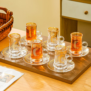 Gold Plated Glass <b>Tea</b> <b>Cup</b> <b>Set</b> With Saucers Cylinder Shape For Afternoon <b>Tea</b> Quanzhou Origin - Product Image 1