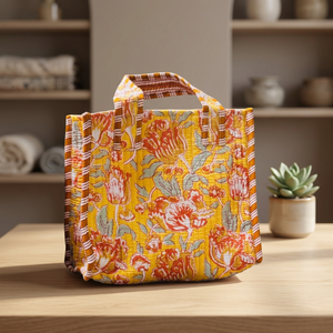 Sac fourre-tout en coton matelassé jaune à motifs floraux, poignées rayées, fermeture éclair, style bohème, sac de plage quotidien pour femmes, sac de shopping artisanal - Product Image 6
