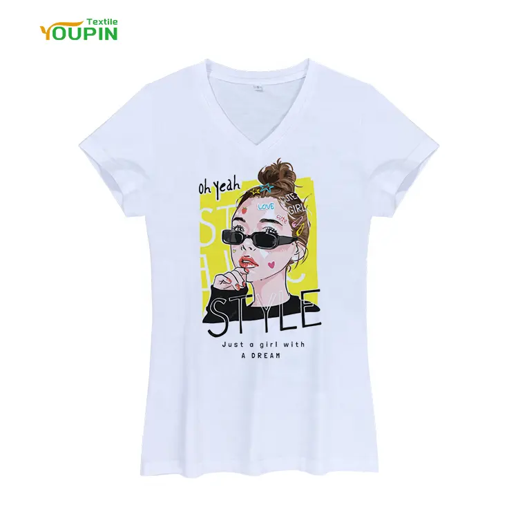 Hersteller Großhandel Polyester Damenkleidung Damen V-Ausschnitt einfarbige T-Shirts für Sublimationsdruck
