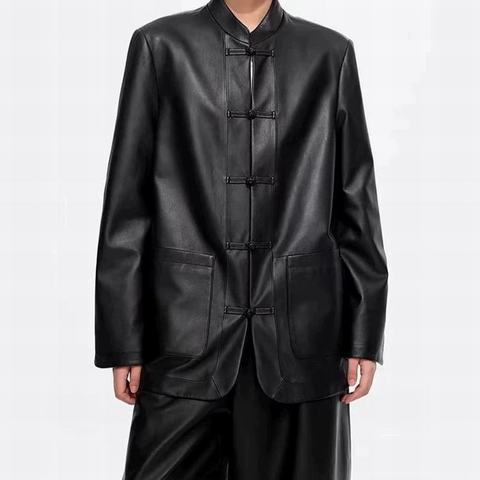 0022 Autumn Winter Women's Stand Collar Hand Woven Sheepskin Jacket Loose Chinese Style Frog Button Leather Coat