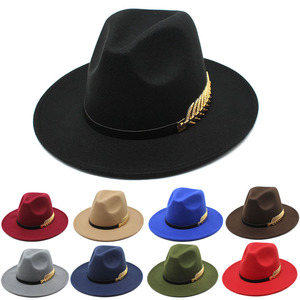 Chapeau Fedora en imitation laine pour femmes, décoration en plumes dorées européennes et américaines, style jazz, automne-hiver, <span class=keywords><strong>vintage</strong></span> britannique - Product Image 1