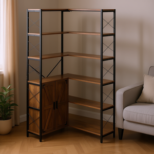 Libreria Angolare a 6 Ripiani con Ante, Scaffale Alto a L, Libreria Moderna Stile Rustico per Soggiorno, Scaffale in Metallo - Product Image 2