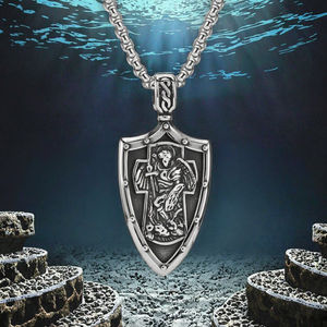 Vintage diseño personalizado colgante de acero inoxidable San Miguel Cruz católica Arcángel bíblico Michael Miguel escudo forma carta - Product Image 4