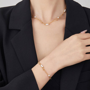 Vintage Waterproof 316l Stainless Steel Custom 18k Gold Plated Double layer <b>Pearl</b> Necklace Bracelet <b>Set</b> <b>Jewelry</b> <b>Sets</b> for Women - Product Image 1