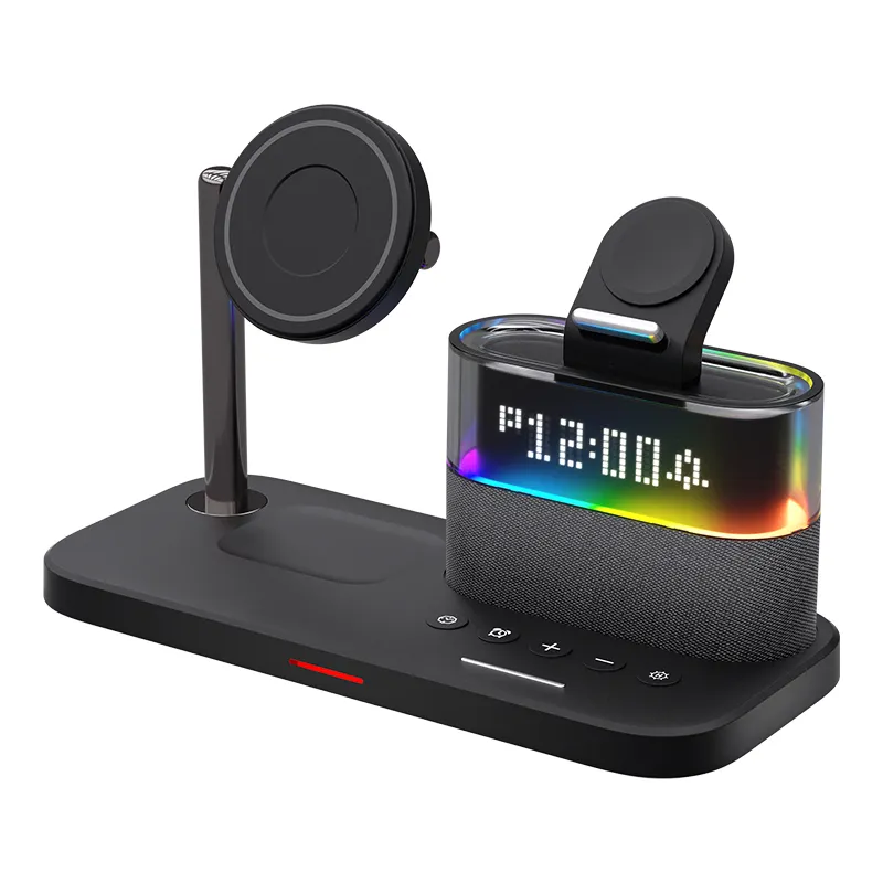 Custom Logo RGB Colorful Night Light Alarm Clock 5 in 1 Wireless Chargers Station Stand 15W Multifunctional Charger For Samsung